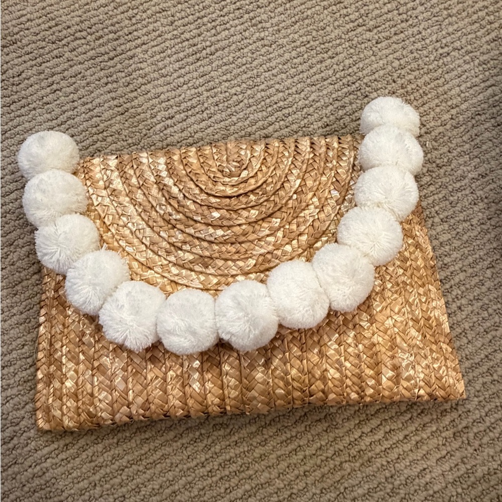 Shiraleah Tan Woven Clutch with White Pom Poms